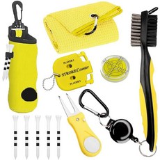 Karamagic 11피스 골프 액세서리 키트 후크 티가 있는 골프공 가방 포함 타월 클리너 브러시 볼 마커 디봇 툴 점수 카운터 (옐로우), Karamagic 11피스 골프 액세서리 키트, 후크, 옐로우
