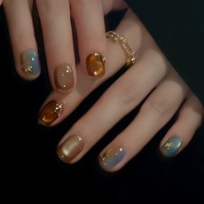 DFMEI 【秋葉喃】秋冬高級感琥珀暈染原創設計糖果色貓眼純手工穿戴甲, 1個, 1g, 124款(新短方16mm):XS碼 14-10-11-10-8(甲牀很小選擇)