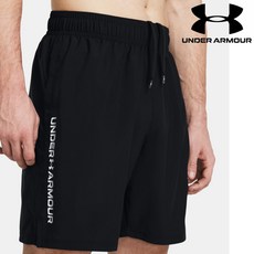 언더아머 남녀공용 5부 기본 베이직 로고 프린팅 반바지 사방스판 오픈형 핸드 포켓 속건 트레이닝 UA 가벼운 우븐 워드마크 쇼츠 런닝 팬츠 운동 반바지 1383356-001