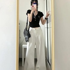 해피유통 여성 여름 와이드핏 하이웨스트 데님 팬츠 스타일리시 캐주얼 바지