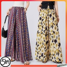 【臺灣出貨】2025寬鬆防曬褲夏季新款印花沙灘褲裙高腰顯瘦九分/長褲休閒女褲-奢尚匯品, 黃花 【小個子九分-有口袋】,S 80-100斤