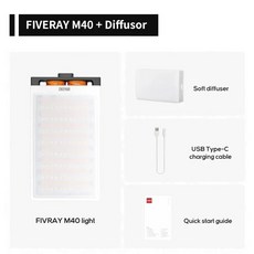 ZHIYUN LED 비디오 라이트 FIVERAY M40 40W 사진용 이중 색상 휴대용 라이트 패널 내장 팬 지원 PD 고속 충, 01 40 and Diffusor, 1개