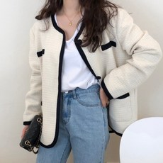 가을 새로운 한국어 트위드 코트 대비 컬러 디자인 긴 소매 코트