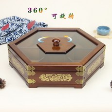 實木堅果盤客廳幹果收納盒喜糖結婚瓜子果盒木質分格帶蓋創意中式, 實木胡桃木色36.5cm銅片款可旋轉, 1個