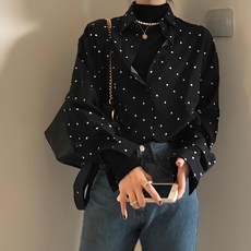 MEICHEL 女款復古圓點翻領長袖襯衫 13537