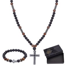 WEBEEDY 블랙 스톤 묵주 목걸이 십자가 팔찌 세트 오닉스 적철광 및 호랑이 눈 비즈 목걸이 팔찌 부활절 파티 선물을 위한 기독교 선물 244384