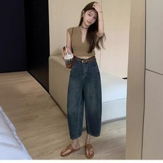 투니스 여성 하이웨이스트 스트레이트 데님 8부 바지