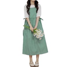 파키즈 원피스 어린이집 주방 카페 앞치마 체크 롱, 그린, 1개