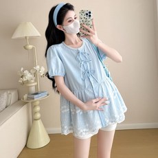 임산부 반팔 셔츠 캐주얼 루즈핏 레이스 장식 리본 블라우스 빅사이즈 여름 임부복 반팔 상의 JS