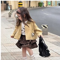 兒童夾克秋季2025新款女孩洋氣時髦女童外套豹紋翻領卡通貓開衫