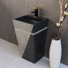 原石洗手台庭院陽台洗手檯 藝術立柱盆石頭洗臉盆 衛生間庭院石材一體大理石落地室外水槽, 芝麻黑條紋款（不含配件）