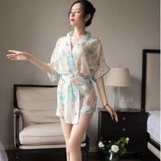 夏季印花睡袍 和服式網紗睡袍 女居家睡裙