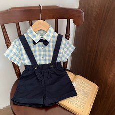 男寶夏季短袖襯衫背帶褲兩件套 嬰幼兒百天週歲禮服