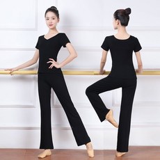 臺南出貨 圓領舞蹈練功服女套裝 成人/學生形體褲藝考訓練服 中國舞現代舞, 前V後圓黑色短袖+微喇長褲,L
