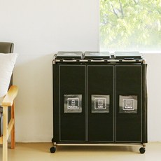 집생활연구소 프리미엄 재활용 분리수거함 3단, 블랙 + 전용 비닐 100매, 1세트