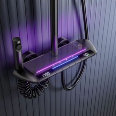 菲勒衛浴 LED置物淋浴花灑套裝 免用電數顯 浴室衛浴白色增壓沐浴器 太空艙雙色氛圍燈, 1個, 槍灰色