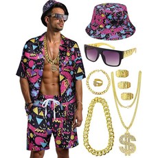 WILDPARTY 80년대 90년대 남성용 의상 힙합 코스튬 버튼업 블라우스 상의 디스코 레트로 테마 파티 의상 하와이안 빈티지 블랙.