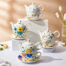 AOHAO 도자기 티포원 + 티스푼 세트 티팟 홍차 찻잔 1인찻잔 홈카페 커피잔 가정용 사무용, 1세트, 꽃 피는 봄