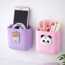 무타공 벽걸이 수납함 1+1 다용도 소품 정리함, 퍼플 베어 화분+핑크 팬더캐릭터