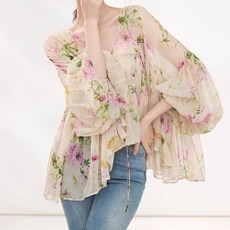 슬림소녀 여성 봄 가을 럭셔리 프린트 블라우스 블라우스 루즈핏 캐주얼 편안한 트렌디 우아한 소매 나팔탑