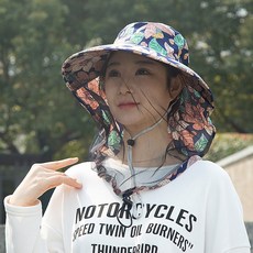 모기망 플라워 버킷햇 캠핑 자외선 차단, 푸른잎꽃