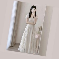 에버템즈 화이트 쉬폰 롱원피스 반팔원피스 화이트원피스