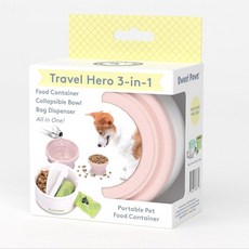 Sweet Paws Travel Hero 3-in-1 휴대용 반려동물 사료 용기 실리콘 물 그릇 및 배변 봉투 디스펜서 1개 블러쉬 핑크