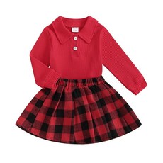 BeQeuewll 가을 겨울 유아 여아 옷 2피스 긴소매 골지 니트 셔츠 격자무늬 스커트 1T 2T 3T 4T 5T 여아용 드레스 레드 3~4세
