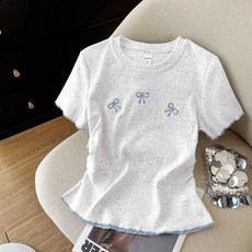 2025년 여름 달콤하고 세련된 작은 사이즈의 프릴 장식 탑 나비 리본 자수 숏 기장 티셔츠 여성용 정직각 숏 슬리브