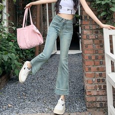 하라크 여성 하이웨스트 9부 슬림핏 나팔바지 청바지 연청