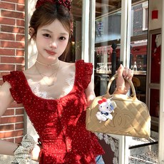 투니스 여성 슬림핏 빈티지 폴카 도트 프릴 민소매 티셔츠
