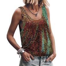 JKLESA 여성용 여름 민소매 스팽글 탑 스쿱 패션 넥 반짝이는 쉬머 탱크 탑 블라우스 블랙(골드 블루) L