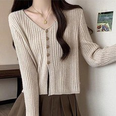 여성 골지 브이넥 크롭 가디건 데일리룩