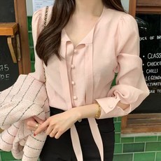 지니우우 J0233A 콩단추 넥리본끈 포인트 블라우스