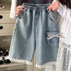 韓版兒童闊腿褲新款童裝洋氣蕾絲花邊牛仔褲時髦蝴蝶結口袋褲子潮