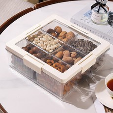 客廳茶几碗盤架果盤分格帶蓋密封乾果盤零食收納盒家居, 1個, 奶油白-6分格:如圖
