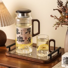 中古風玻璃冷水壺水杯套裝實木把手大容量涼水壺新中式禮品杯置物架收納架居家收納桌面收納陳列架儲物架居家生活好物, 玻璃木把水具套裝-1壺4杯+托盤,壺1300ml 杯子300ml, 1個