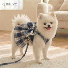 디어퍼피 강아지 앞섬방지 스커트 하네스 리드줄 목줄 세트, 네이비, 1개