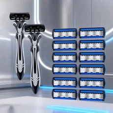 남성용 6중날 수동 면도기 교체 가능한 날과 미끄럼 방지 손잡이 디자인 내구성 있는 스테인리스 스틸로, 03 HC 2Handle 12Blades
