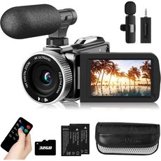 4K 비디오 카메라 캠코더 미니 마이크 60FPS UHD 브이로그용 유튜브용 18배 디지털 줌 3.0인치 IPS 화면 32GB 카드 포함 무선 라발리에 리모컨 2개 배터리, 4K 비디오 카메라 캠코더 미니 마이크 60FPS UH