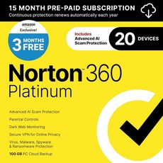 Norton 360 Platinum 2026 준비 완료 자동 갱신 기능이 있는 20대 기기용 안티바이러스 소프트웨어 - 3개월 무료 - 고급 AI 사기 방지 VPN 다크 웹 모