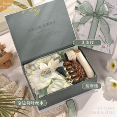 母親節禮物推薦：送長輩時尚絲巾禮盒，實用生日禮品，媽媽婆婆最愛, 金邊荷葉絲巾+艾灸儀+按摩梳+禮盒, 1個
