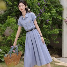 Yellwel여름 여성용 스트라이프 반팔 셔츠 원피스 롱 드레스 DJP