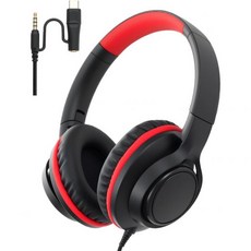 USB C 및 3.5mm 2in1 유선 헤드폰 스테레오 오버이어 HD 마이크 포함 엉킴 방지 나일론 케이블 접이식 이어폰 아이패드 태블릿 노트북 안드로이드 학교 여행용, Black