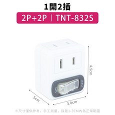 雙開雙插3P插座 TNT-830S 獨立開關省電插座，雙開關獨立控制，節能省電，適用多種電器, 1個, TNT-832S