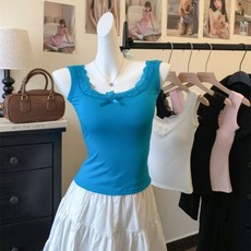 Yellwel 플라워 레이스 리본 끈 나시 여름용 민소매 블라우스 DJP