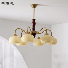 華燈惠 吊燈 復古風 實木 6燈 奶白色 玻璃燈罩, 積雲白-6頭,不带灯泡