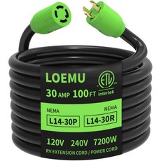 30암페어 발전기 코드 25피트 및 9.7파운드 트위스트 잠금 기능이 있는 NEMA L14-30P/R 10게이지 4-프롱 순수 구리선 발전기/RV/캠퍼/트래블러용 연장 전원 E, 100FT