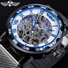 남자 스켈레톤 오토매틱 기계식 수동 시계 2060 손목, 1, N. 블랙 화이트 다이얼 블루 문자 블랙 메쉬