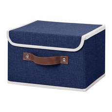 ANMINY 뚜껑이 있는 보관함 2개 PU 가죽 손잡이 보관 상자 PP 플라스틱 보드 장식 접이식 뚜껑 면 리넨 원단 홈 큐브 바구니 옷장 정리함 용기 - 카키 라지, 블루